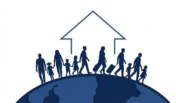 International Refugee Day Global migration concept families and children walk across Earth towards a house with an upward arrow, symbolizing relocation, new home search, and resettlement