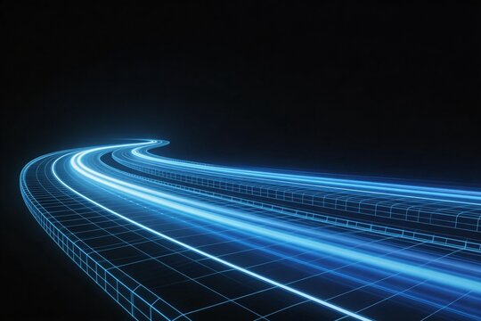 Blue neon light trail on grid path