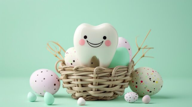 Molar tooth character sitting in a wicker nest with pastel easter eggs on mint background in sharp focus for pediatric dental marketing