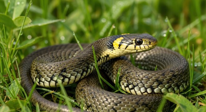 Serene Grass Snake Resting in Lush Green Meadow.