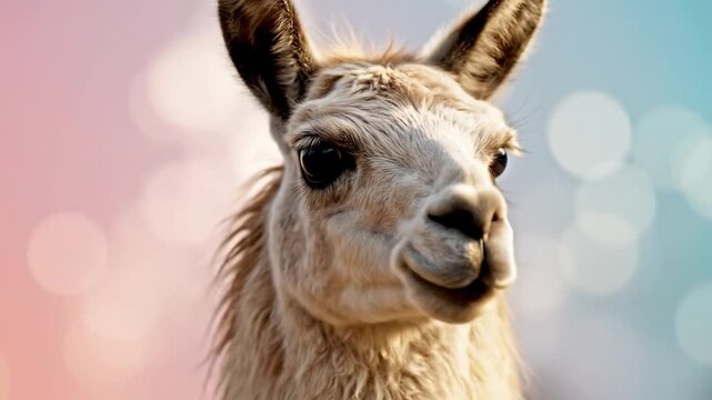 Close up portrait of a cute llama with soft bokeh background