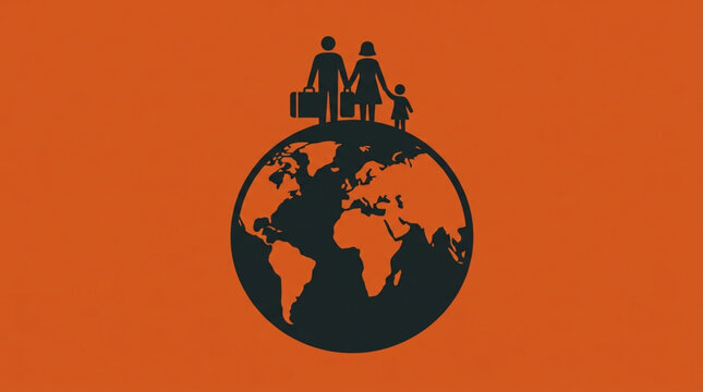 International Refugee Day Illustrative depiction of a family silhouette standing on a globe representing global travel and migration