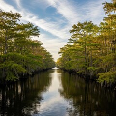 Obraz premium Serene Cypress Swamp Landscape Reflecting Trees and Sky.