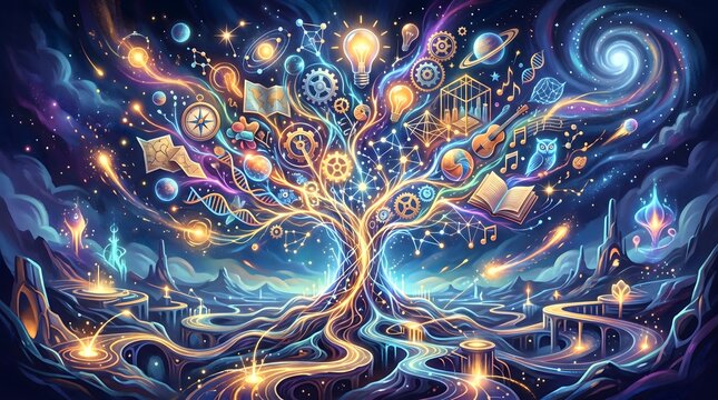 Cosmic tree of knowledge with science and art symbols