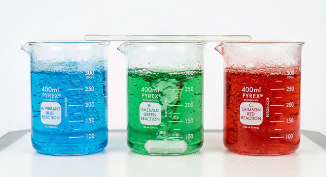 Three colorful liquids swirling in laboratory beakers, illustrating chemistry experiments and scientific research concepts in a clean setting