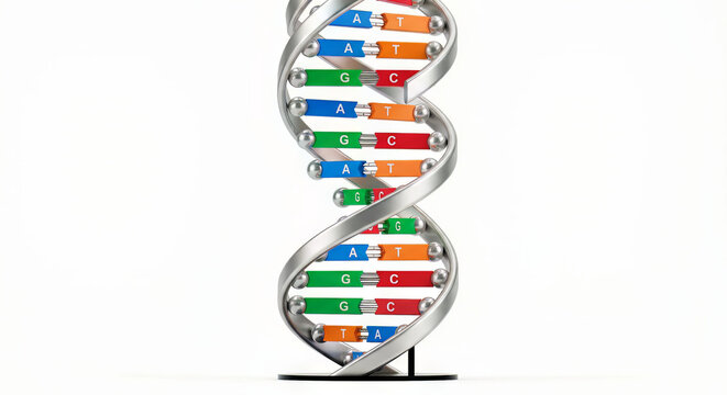 Vibrant 3D rendered illustration of a complex human DNA double helix structure, symbolizing genetics, science, and the intricate code of life
