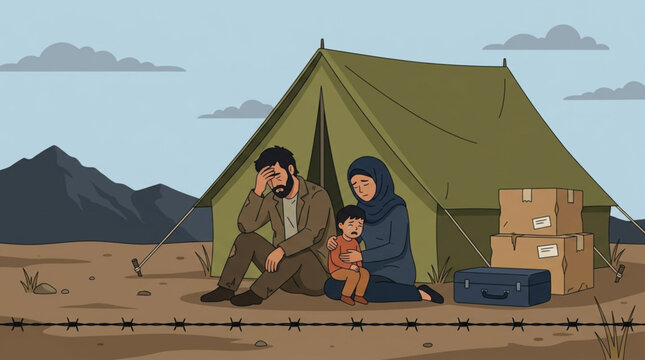 International Refugee Day Distraught refugee family sits outside a makeshift tent, embodying the global humanitarian crisis of displacement, struggle, and the urgent need for shelter