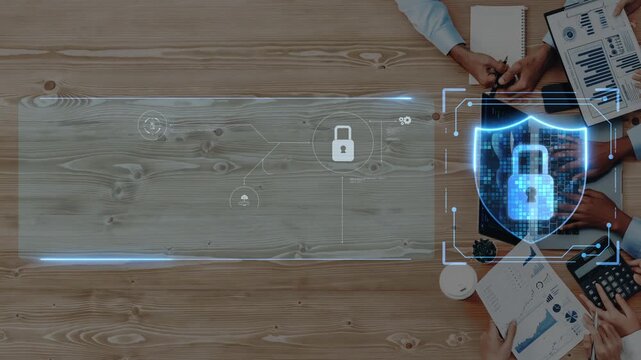 A professional atmosphere depicting a business meeting focused on digital security, featuring a lock icon and technology graphics on a wooden table setup. Raster