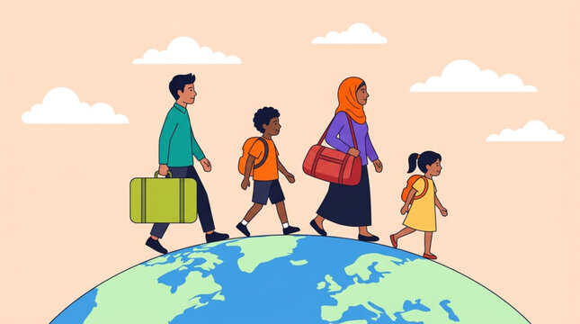 International Refugee Day Family migrating across the globe, carrying luggage and backpacks, symbolizing journey and relocation