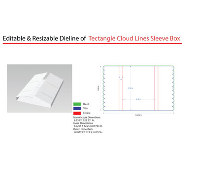 Cloud lines sleeve box, editable dieline, rectangle shape with color codes