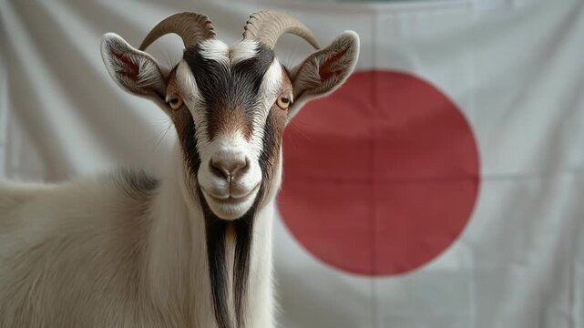 日の丸を添えた穏やかなヤギの自然光ポートレート