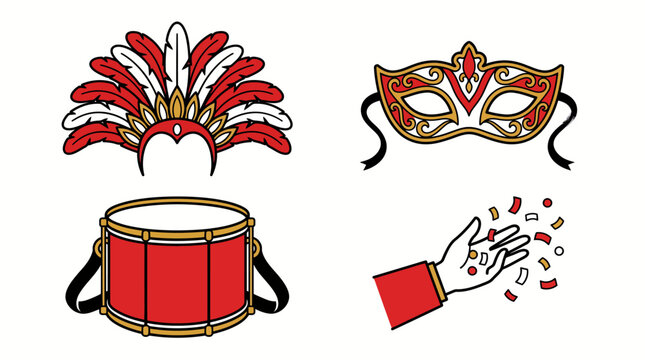 Colorful carnival accessories including mask, feathered headdress and drum on white