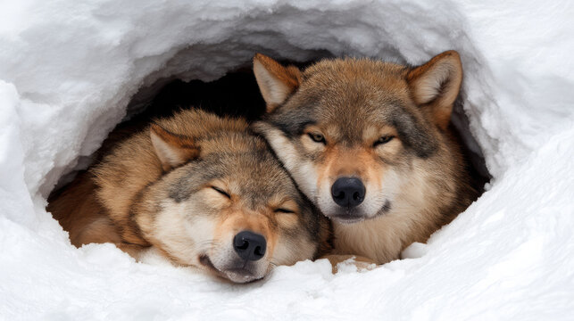 Two wolves rest closely together inside a snowy den, one with closed eyes and the other alert and watchful.