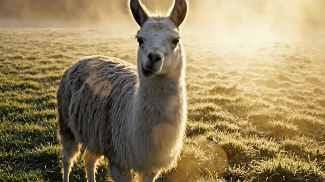 Cute llama standing in a misty golden field at sunrise