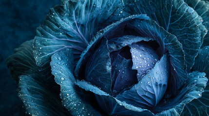 Obraz premium A vibrant blue cabbage is shown in detail, glistening with dew droplets. The fresh, leafy plant is surrounded by darker foliage, showcasing its unique color and texture.