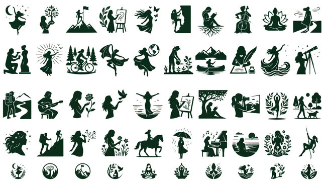 Minimalist black silhouette icons of women in nature and hobbies, female empowerment lifestyle vector set, artistic girl power illustrations