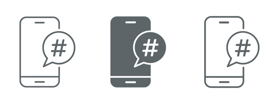 Smartphone with hashtag icon set featuring social media trending and mobile content tagging symbols, outline solid and hand-drawn styles, digital communication concept