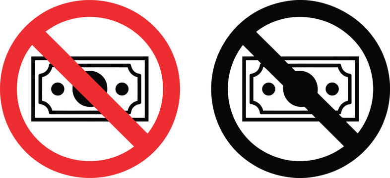 No money symbol icons, minimalist flat vector set illustrating lack of funds budgeting limits and financial restriction concepts for business and finance graphics.