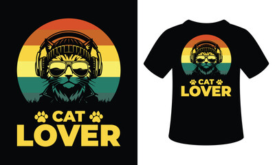 Cat lover t-shirt design with feline wearing headphones and sunglasses. © Uhnus