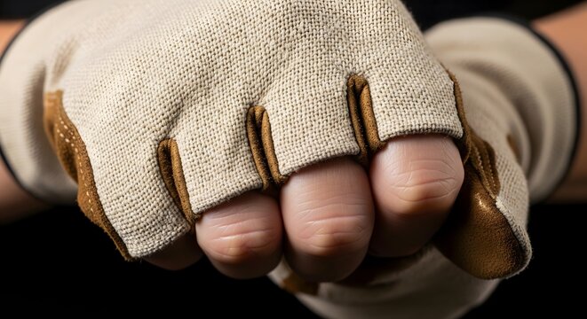 Close-up of a person's hands wearing fingerless work gloves, showcasing the texture and practical design for various tasks.
