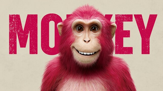 Cartoon monkey character with pink fur and large expressive eyes, smiling against a beige background with the word "MONKEY" in bold pink letters