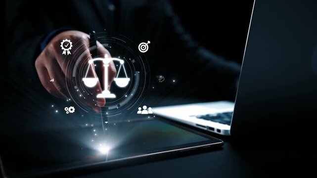 Futuristic digital law interface displaying justice scale, highlighting digital law, AI compliance, digital law systems, and digital law regulations for secure governance. Elide