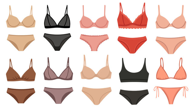 Set of lingerie woman underwear. Women swimwear, underpants. Bikini bra panties clothes. Vector flat illustration
