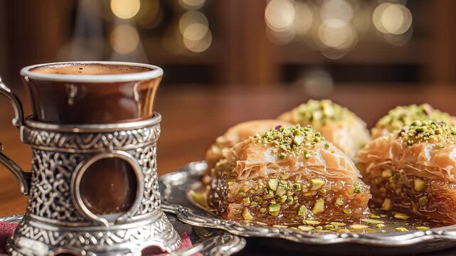 Steaming Turkish Coffee and Delicious Baklava on a Traditional Tray.