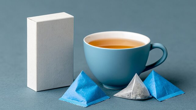 Blue cup of tea with two pyramid tea bags and a blank white box on a textured surface, showcasing a minimalist tea presentation for branding or packaging