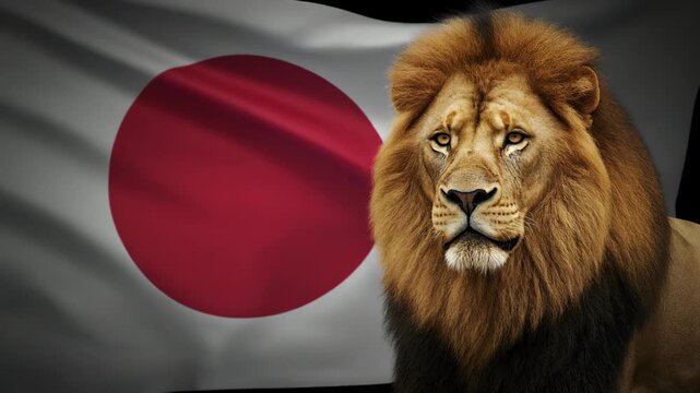 黄金の光に包まれた誇り高いライオンと国旗