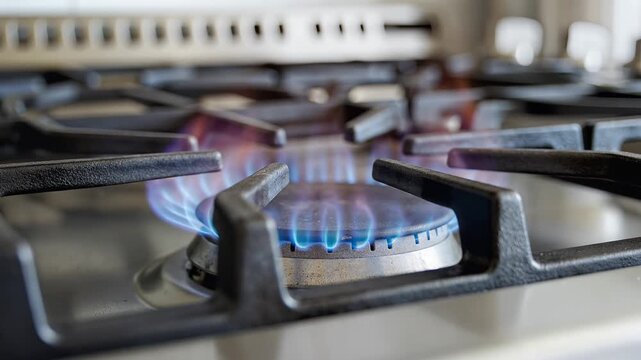 Closeup of a gas stove burner with blue flames igniting.