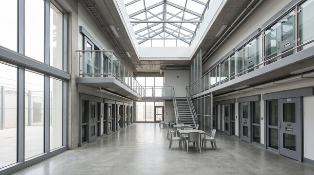 Modern prison interior with skylight and metal balconies in bright natural daylight
