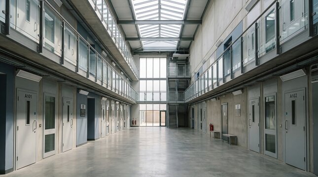 Modern prison cell block interior with glass walkways and natural skylight illumination
