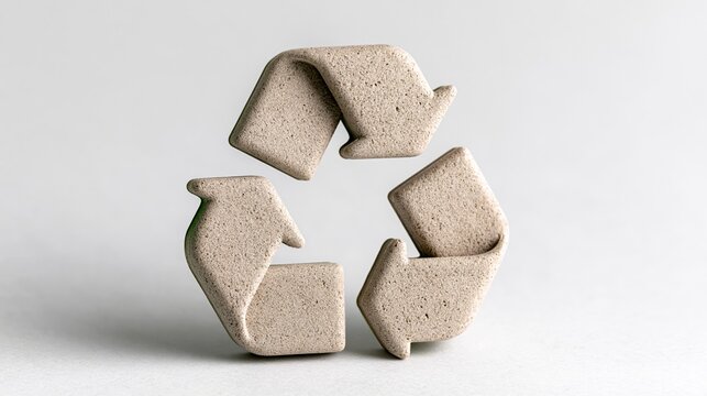 Gray concrete recycling symbol with three arrows arranged in a circular pattern on a light background, representing sustainability and eco-friendly practices