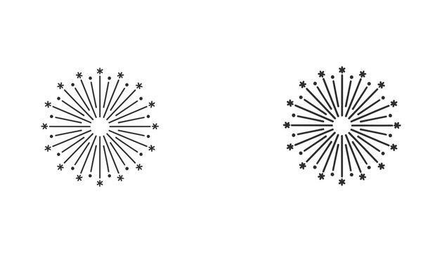 Radiant firework burst explosion icon set with stylized star lines in both outline and solid black silhouette styles for celebration party and festive event design