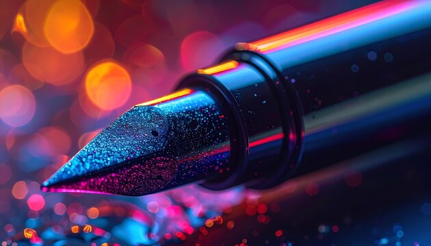 Close-up of metallic pen nib writing.