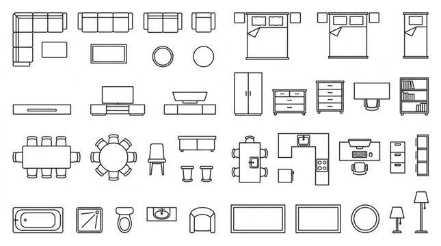 Architectural Floor Plan Symbols for Furniture and Fixtures.
