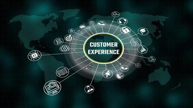 customer experience 3d illustration. Business, Technology, Internet and network concept. virtual screen of the future and sees the inscription. 4k video animation and world map