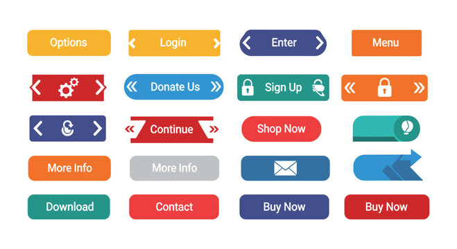 Collection of colorful flat style web buttons for user interface design featuring various labels like login and sign up.