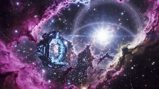 4K Futuristic Space Station Orbiting Nebula Animation Loop Business Presentation Stock Video