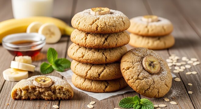 homemade oatmeal cookies stack with banana honey and mint on rustic wooden table