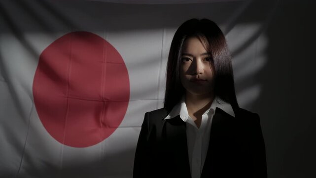 影に沈む国旗と背を向けたビジネスプロフェッショナルが示す経済不透明感