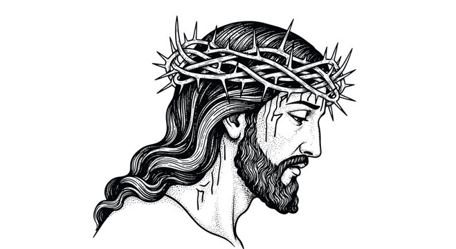 A detailed black and white vintage engraving of Jesus Christ in profile wearing a crown of thorns, representing the Passion and divine sacrifice.