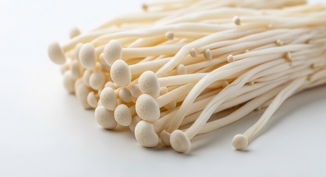 raw organic enoki mushrooms closeup on white background minimalist food concept