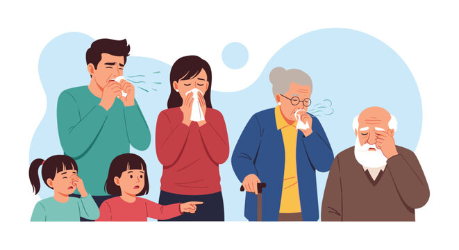 Group of people of different ages suffering from various cold and flu symptoms like sneezing, coughing, and watery eyes.