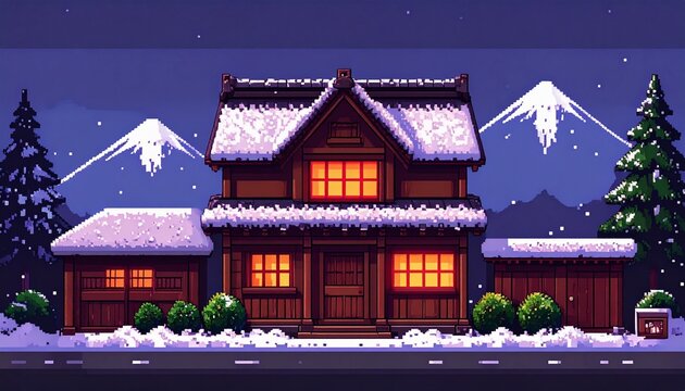 Retro 8-bit pixel art of heavy snow falling on a traditional Japanese house