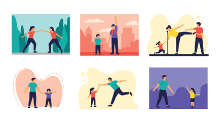 Fototapeta premium Montage of simple illustrations showing people engaged in various physical activities and healthy exercises like running and dancing.