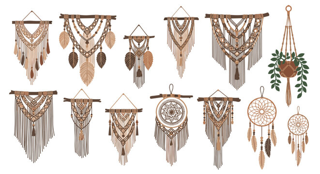 Beautiful variety of boho macrame wall hangings, dreamcatchers, and woven decorations for interior home design.