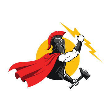 Gladiator with red cape holding hammer and lightning bolt