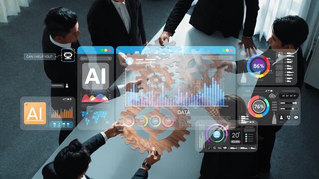 A business team collaborates in a modern office, utilizing digital interfaces to analyze data and insights. The scene highlights teamwork and innovative technology. Raster
